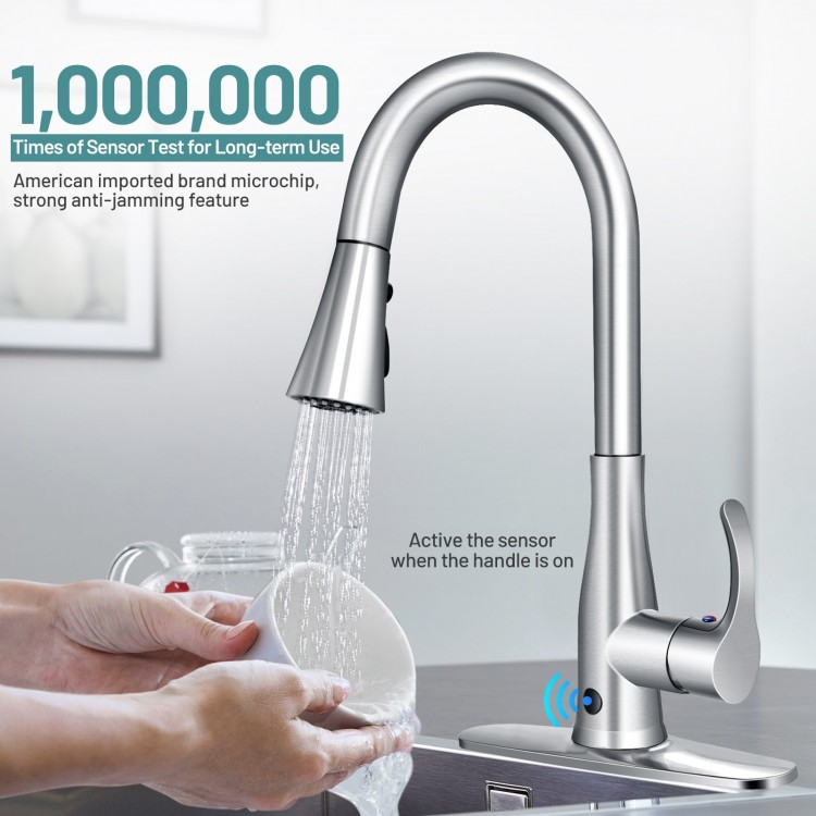 Touchless kitchen faucet with 360° swivel, brushed metal finish, and built-in sensor for convenient hands-free use.