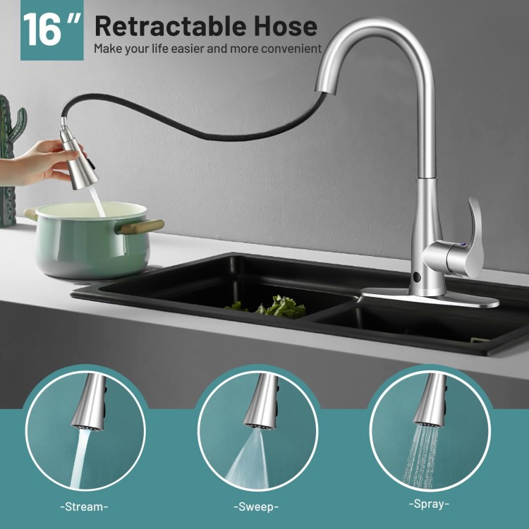 Touchless kitchen faucet with 360° swivel, 16" retractable hose, and three modes for versatile cleaning.
