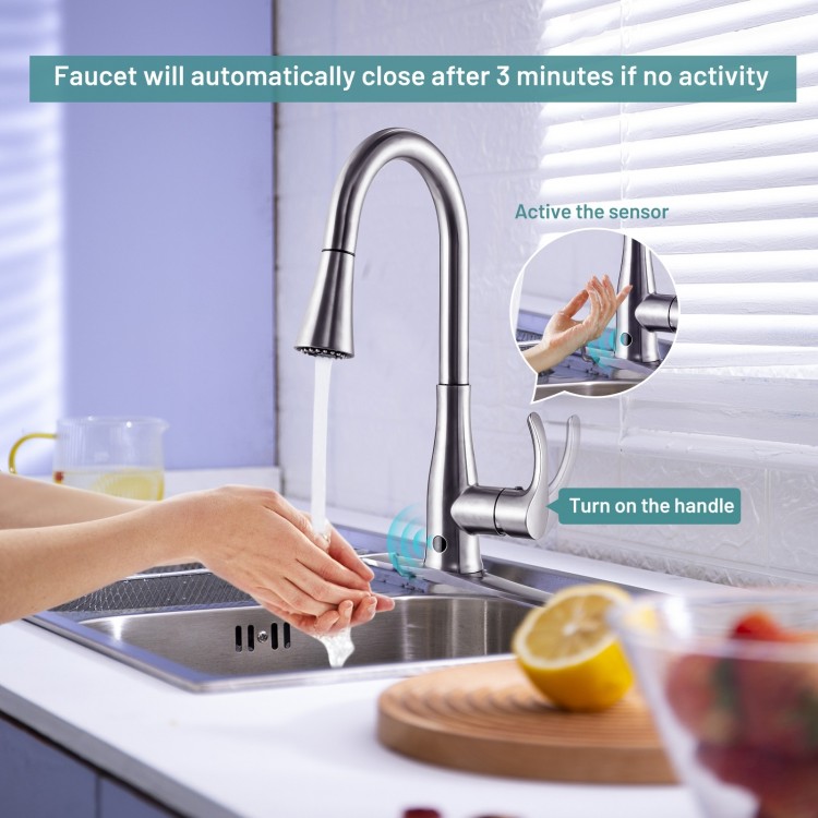 Touchless kitchen faucet with 360° swivel, single handle, and 3-mode sprayer for convenient cleaning and use.