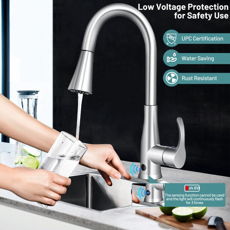 Touchless kitchen faucet featuring a built-in infrared sensor, 3 water outlet modes, and a sleek brushed metal design.