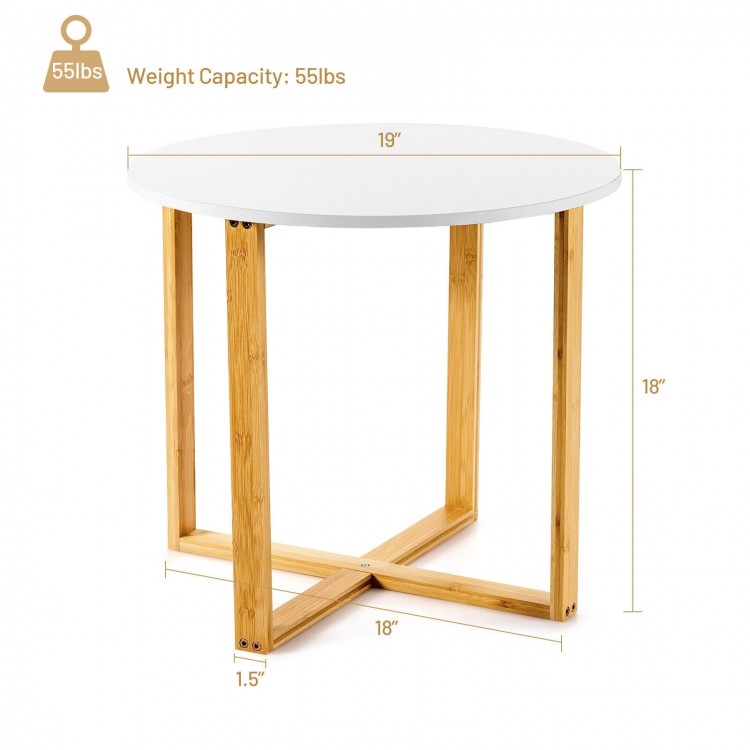 Round side end table with bamboo legs and X-shaped base, 19" diameter, 18" height, ideal for living room or bedroom use.