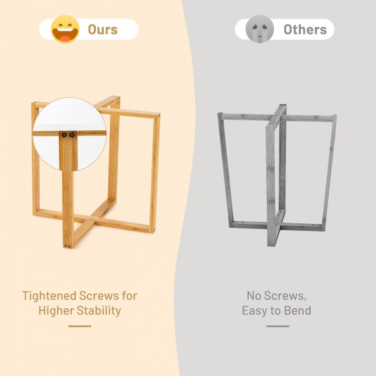 Multifunctional round side end table with bamboo legs, X-shaped base, and tightened screws for enhanced stability.
