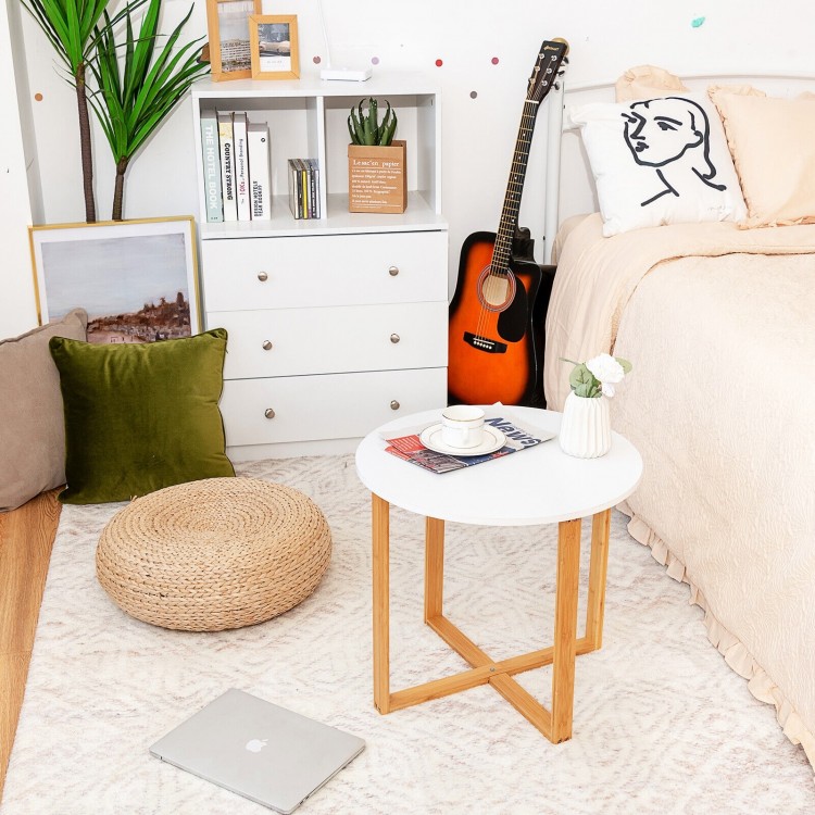 Multifunctional round side end table with bamboo legs, showcasing a sleek design, perfect for stylish bedroom or office.