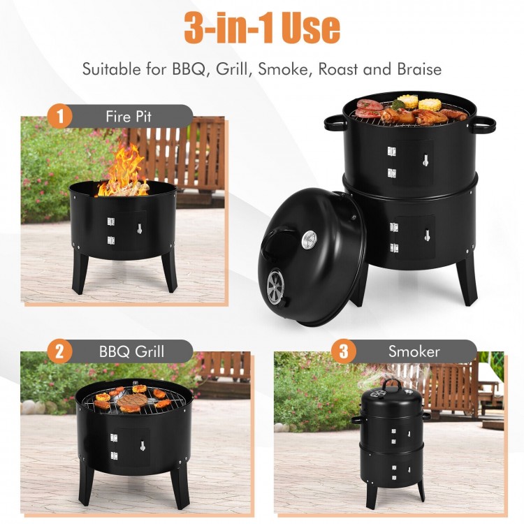3-in-1 charcoal BBQ grill with built-in thermometer, showing fire pit, grill, and smoker features for versatile cooking.