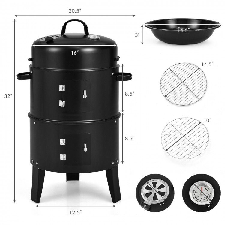 3-in-1 charcoal BBQ grill with built-in thermometer, 400 sq inches cooking area, and removable 2-layer design for.