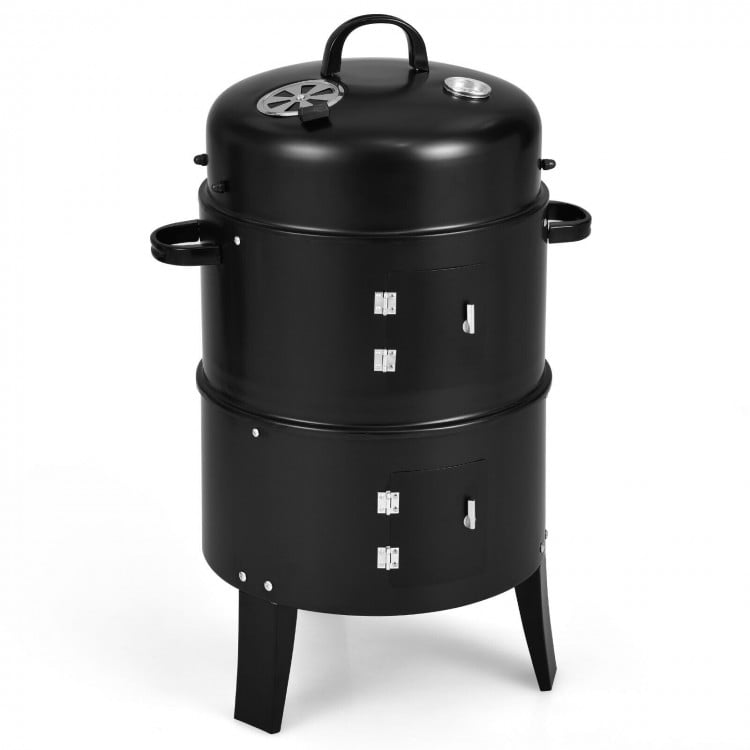 3-in-1 charcoal BBQ grill with built-in thermometer, vertical design, and removable 2-layer structure for versatile.