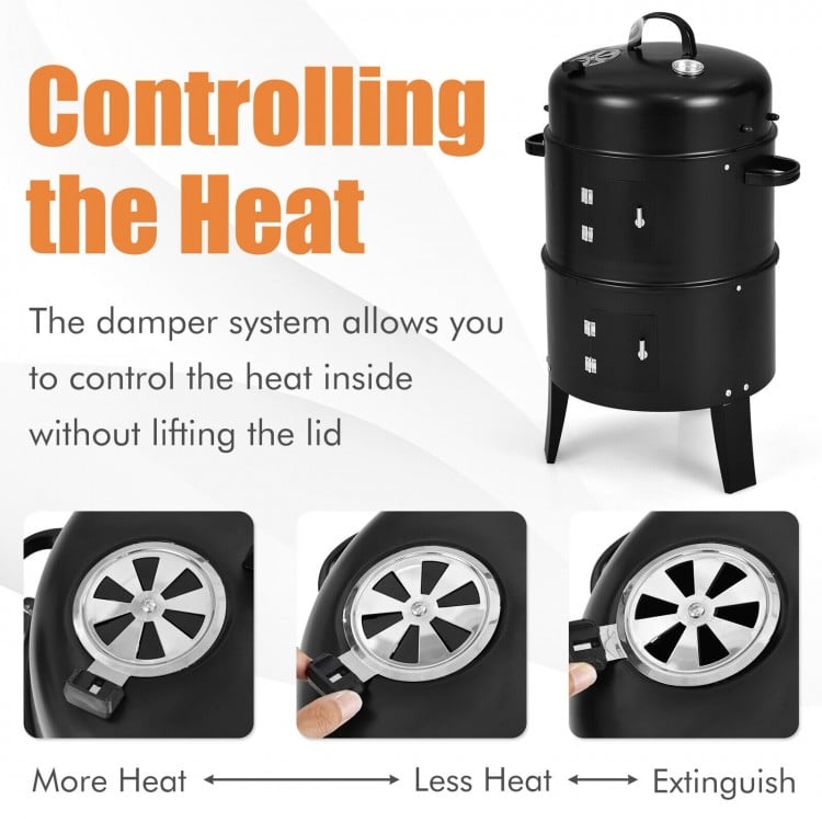 3-in-1 charcoal BBQ grill with built-in thermometer and adjustable air vent for versatile cooking and smoking.