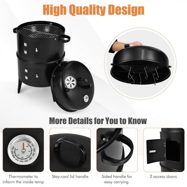 3-in-1 charcoal BBQ grill with built-in thermometer, 2 cooking grills, and removable structure for versatile outdoor.