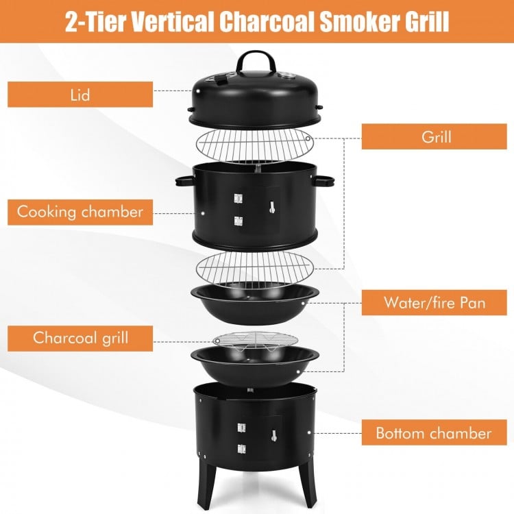 2-tier vertical charcoal smoker grill with removable layers, built-in thermometer, and adjustable air vent for.