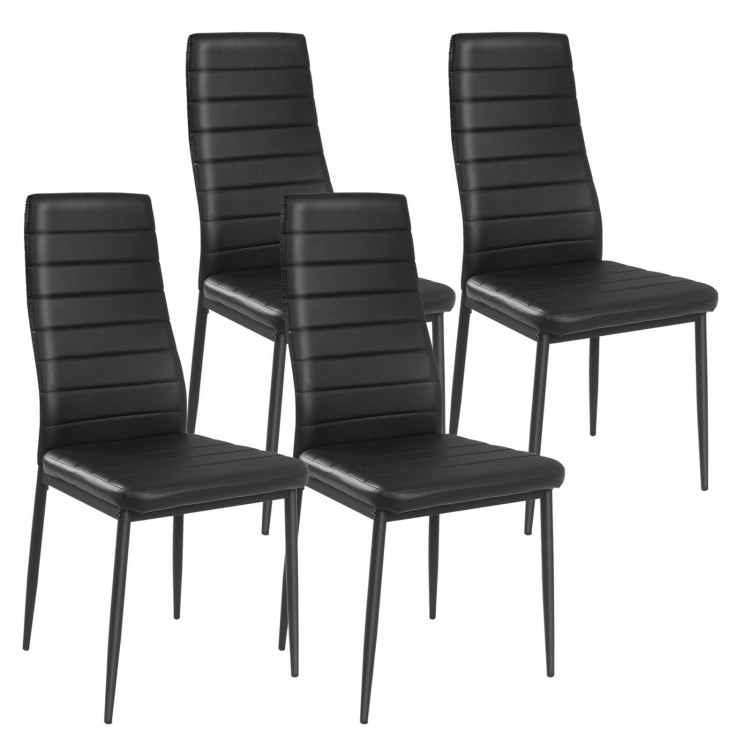 Set of four modern black leather dining chairs with metal frames, featuring ergonomic backrests for comfort and support.
