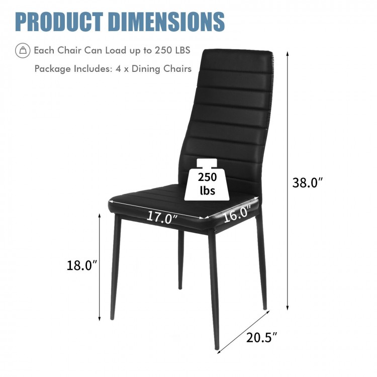 Dimensions of a modern leather dining chair set with metal frame, supporting up to 250 lbs, ideal for dining rooms.