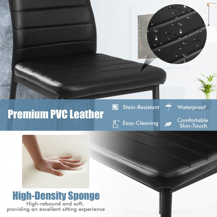 Modern dining chair featuring black PVC leather, high-density sponge padding, and a sturdy metal frame for comfort.