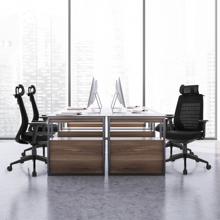 High back mesh office chair with adjustable armrests and headrest, designed for comfort in home or office settings.