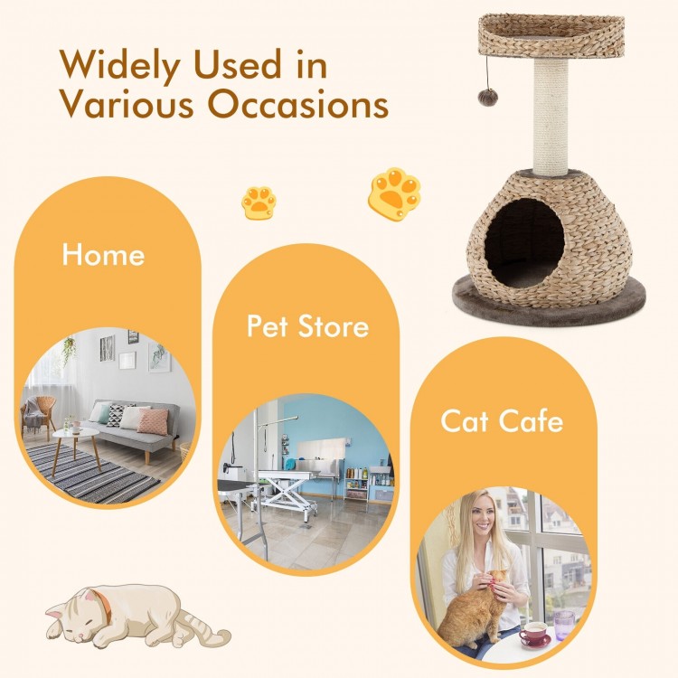 Hand-made 28-inch cat tree tower in coffee color with water hyacinth, sisal post, and soft cushions for comfort.