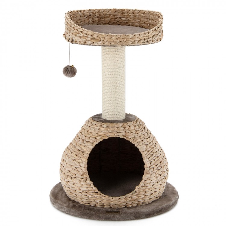 Hand-made 28-inch cat tree tower in coffee color with water hyacinth, sisal post, and detachable cushions for comfort.