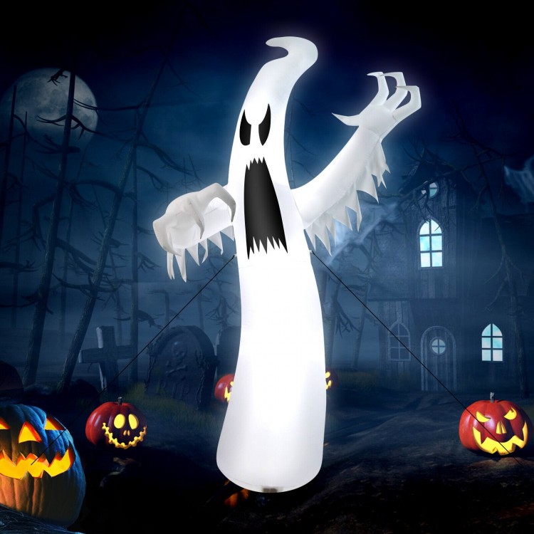 12 feet inflatable ghost with LED lights, featuring a scary design, perfect for Halloween yard decoration.