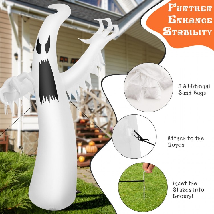 12 feet Halloween inflatable ghost with LED lights, made of durable polyester, perfect for outdoor spooky decorations.