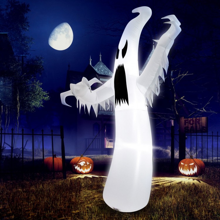 12-foot inflatable ghost with LED lights, featuring a scary design for Halloween outdoor decoration and easy setup.