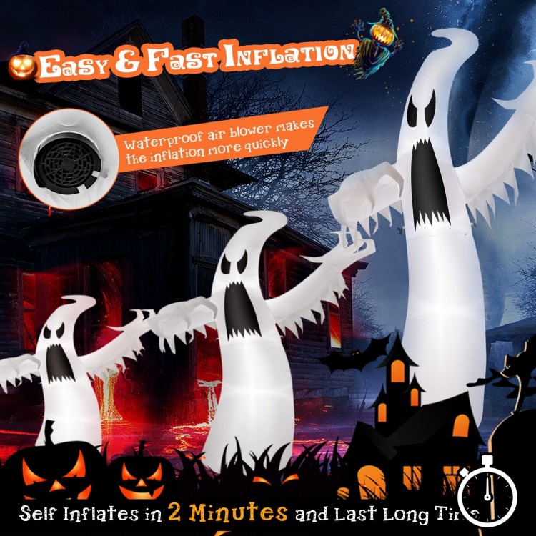 12 feet Halloween inflatable ghost with LED lights, made of durable polyester, ideal for outdoor decoration and easy.