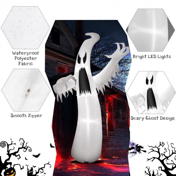 12 feet inflatable ghost with LED lights, made of durable polyester, perfect for Halloween yard decoration.