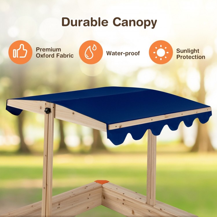 Height adjustable canopy of the kids' wooden sandbox, made of durable Oxford fabric for waterproof sunlight protection.