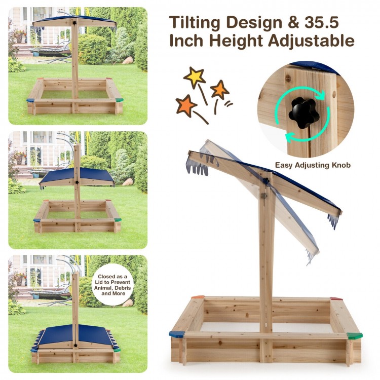 Kids wooden sandbox with height adjustable canopy, durable cedar wood, and large play area for 2-4 kids outdoors.