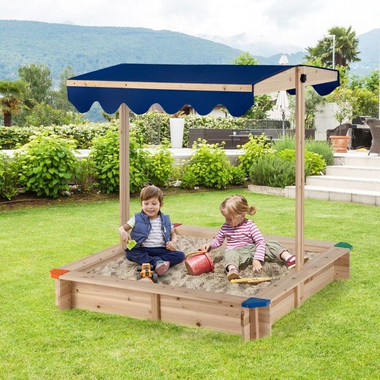 Kids wooden sandbox with height adjustable canopy, spacious for 2-4 children, featuring colorful corner caps for.