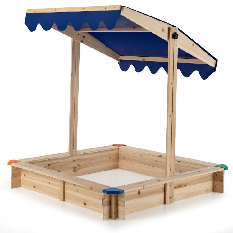 Kids wooden sandbox with height adjustable blue canopy, designed for 2-4 kids, made of durable cedar wood.