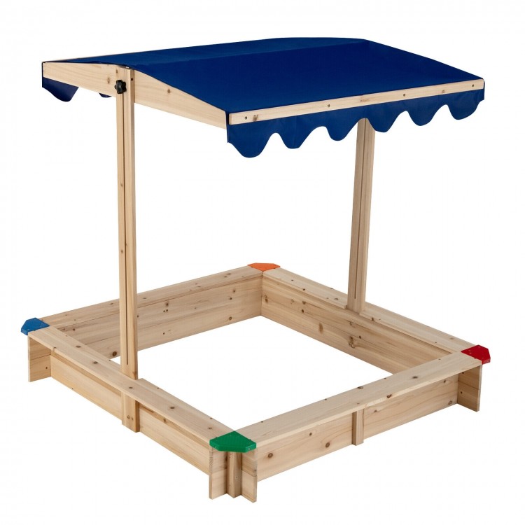 Kids wooden sandbox with height adjustable blue canopy, designed for 2-4 children, made of durable cedar wood.