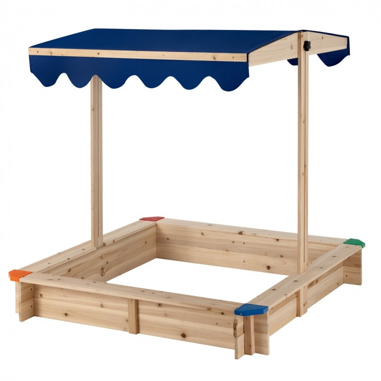 Kids wooden sandbox with raised bench seating and waterproof blue canopy, perfect for outdoor play and socializing.