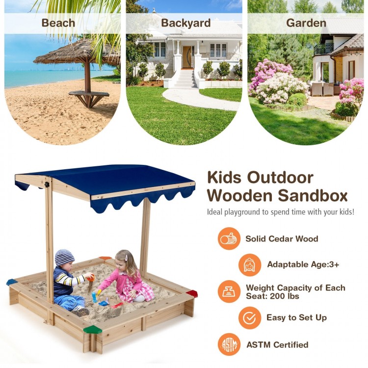 Kids wooden sandbox with height adjustable canopy, made of solid cedar wood, ideal for outdoor play and socializing.