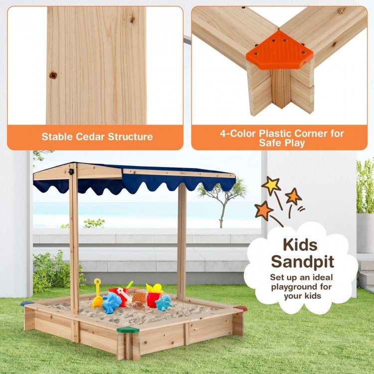 Kids wooden sandbox with height adjustable canopy, durable cedar structure, and multi-color corner caps for outdoor.