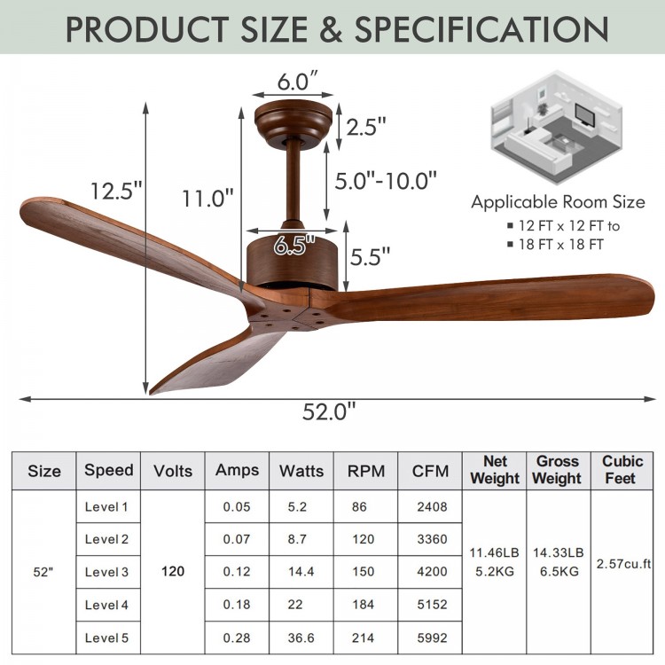 Dimension chart for a 52-inch modern ceiling fan, detailing specifications like speed, wattage, and airflow performance.