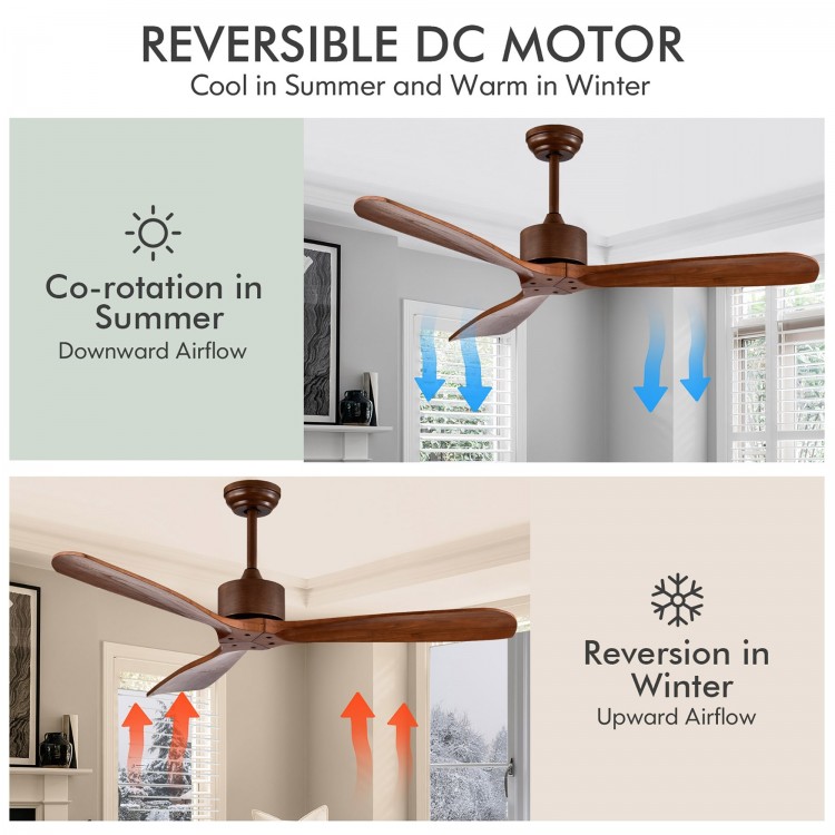 52-inch modern ceiling fan with brushed nickel finish, showcasing reversible motor for all-season use and solid wood.