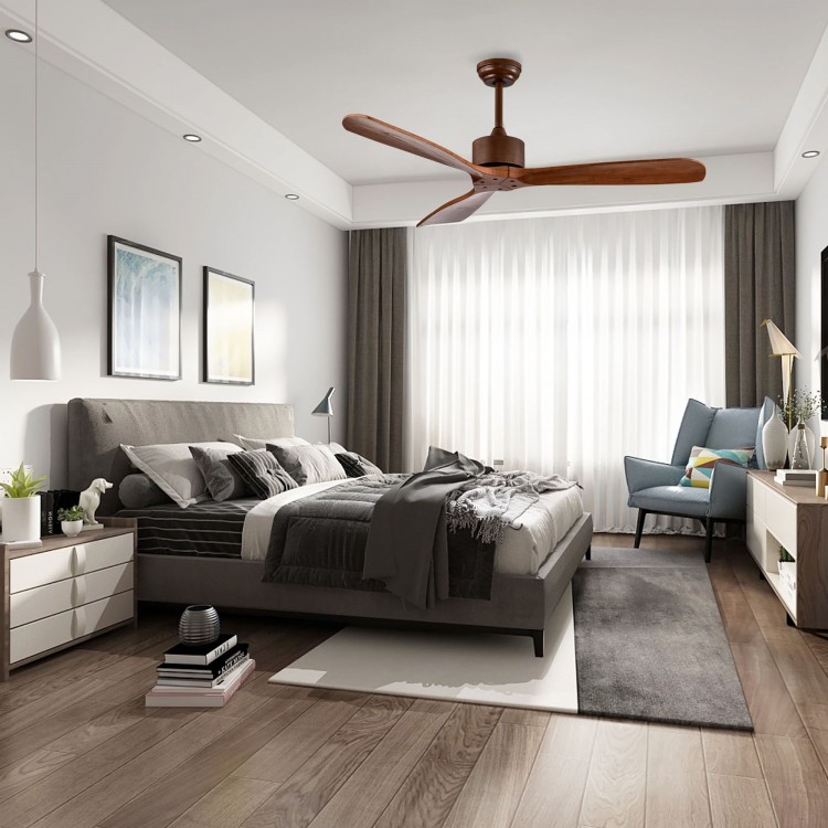 52-inch modern ceiling fan with brushed nickel finish and solid wood blades, ideal for bedroom or living room use.