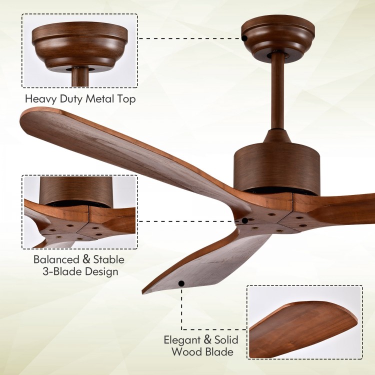 Close-up of the 52-inch modern ceiling fan showcasing the elegant solid wood blades and heavy-duty metal top for.