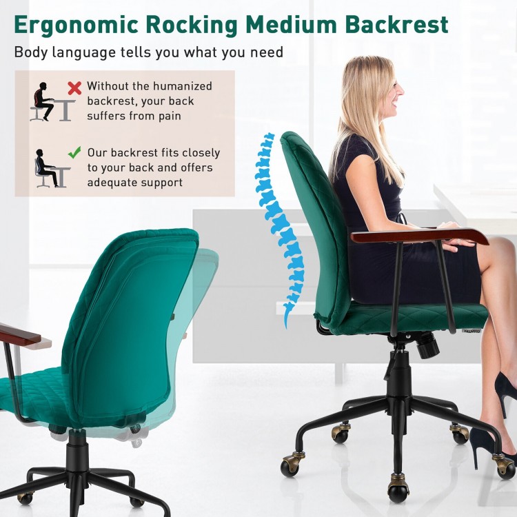 Velvet home office chair in green with wooden armrests, featuring a medium rocking backrest for ergonomic support.