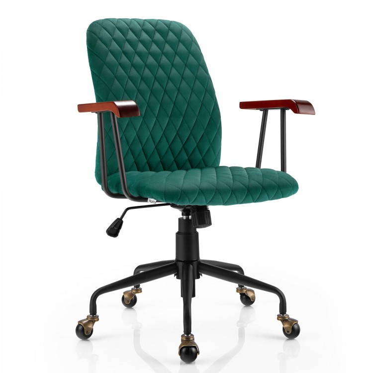 Green velvet home office chair with wooden armrests, 360° swivel, and ergonomic support for versatile use.