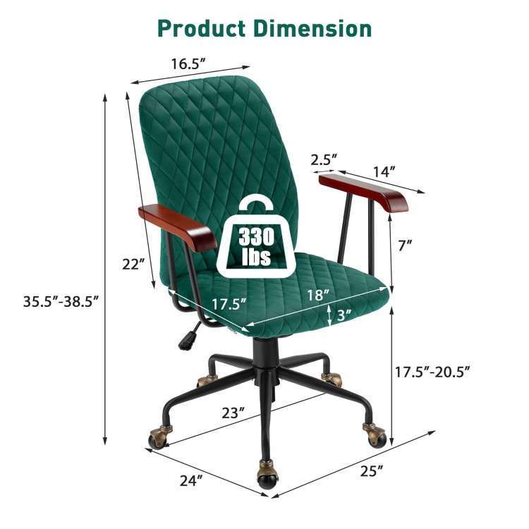 Green velvet home office chair with wooden armrests, adjustable height, and ergonomic support for versatile use.