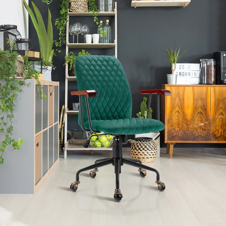 Green velvet home office chair with wooden armrests, featuring a swivel seat and ergonomic support for versatile use.