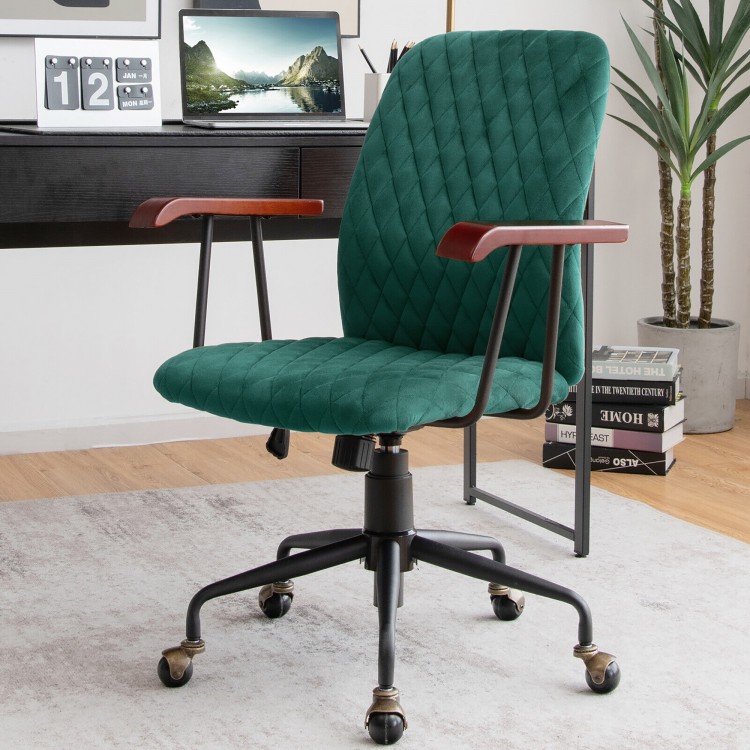 Green velvet home office chair with wooden armrests, 360° swivel, and ergonomic support for versatile workspace use.