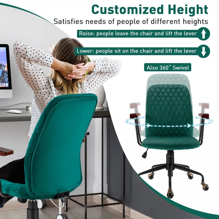 Green velvet home office chair with wooden armrests, customizable height, and 360° swivel for versatile use.