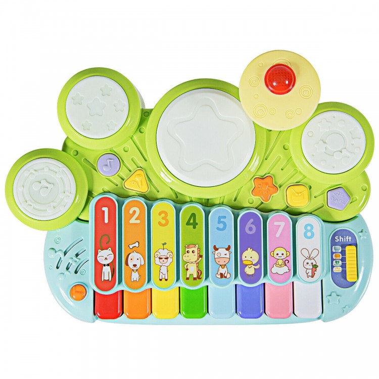 Colorful 3-in-1 electronic piano xylophone and drum set for kids, featuring numbers, lights, and music for creative.