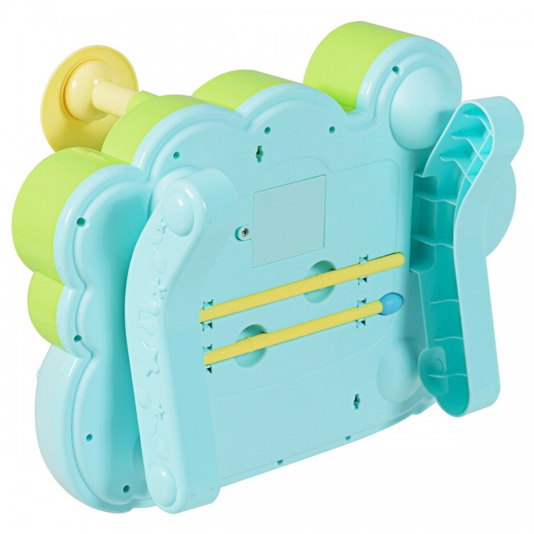 3-in-1 Electronic Piano Xylophone Game Drum Set in blue and green, featuring removable brackets and drumstick slots.