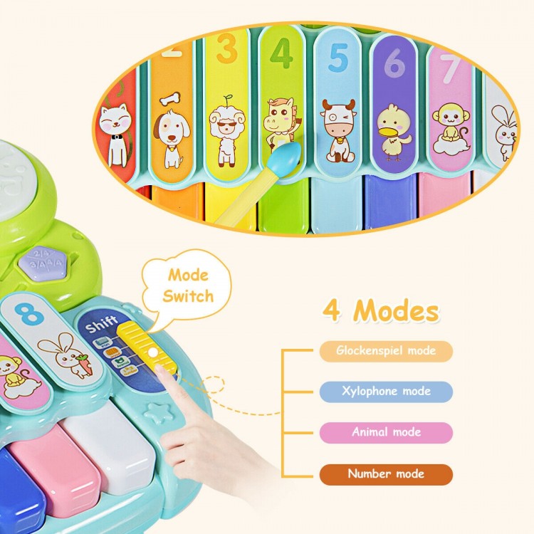 3-in-1 electronic piano xylophone with colorful keys, mode switch, and drum set for children over 10 months.