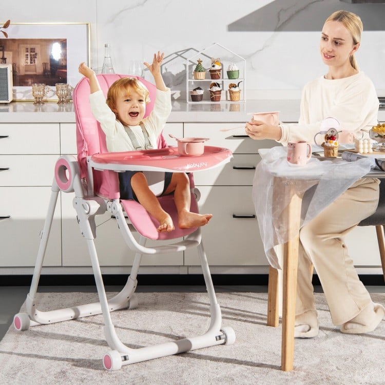 Baby High Chair Foldable Feeding Chair with 4 Lockable Wheels-PinkCostway Gallery View 1 of 10