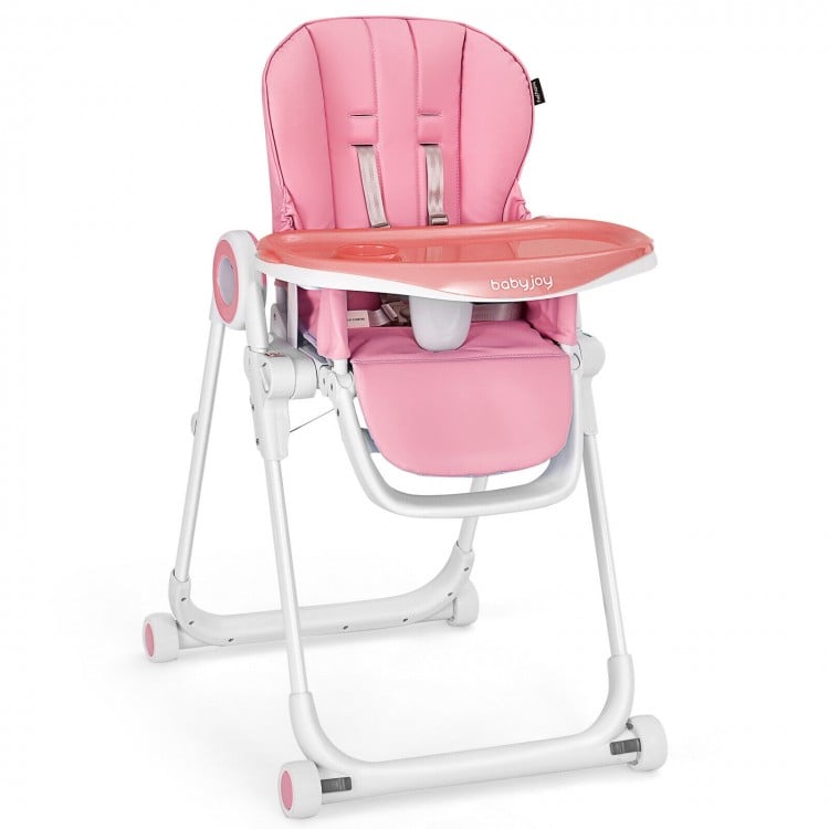 Baby High Chair Foldable Feeding Chair with 4 Lockable Wheels-PinkCostway Gallery View 3 of 10