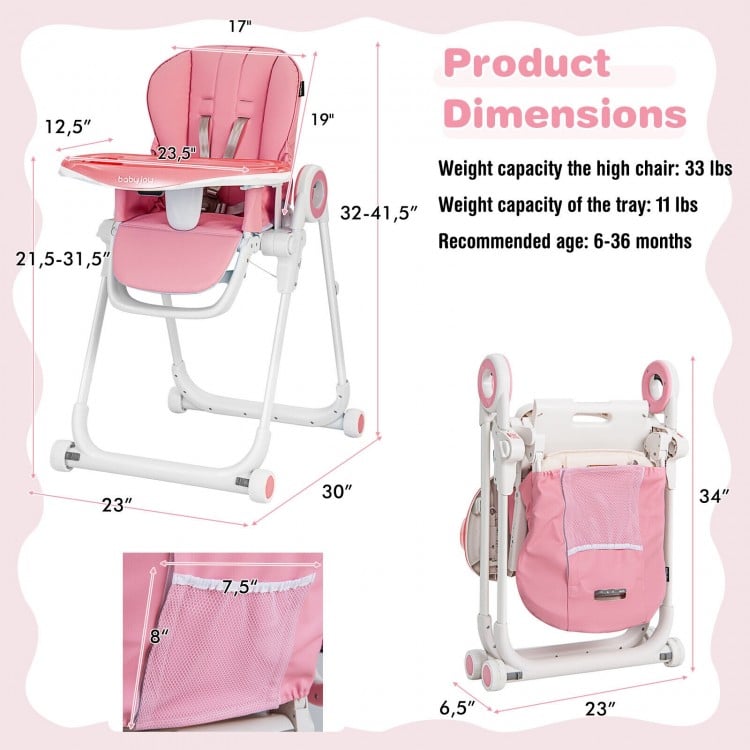 Baby High Chair Foldable Feeding Chair with 4 Lockable Wheels-PinkCostway Gallery View 4 of 10