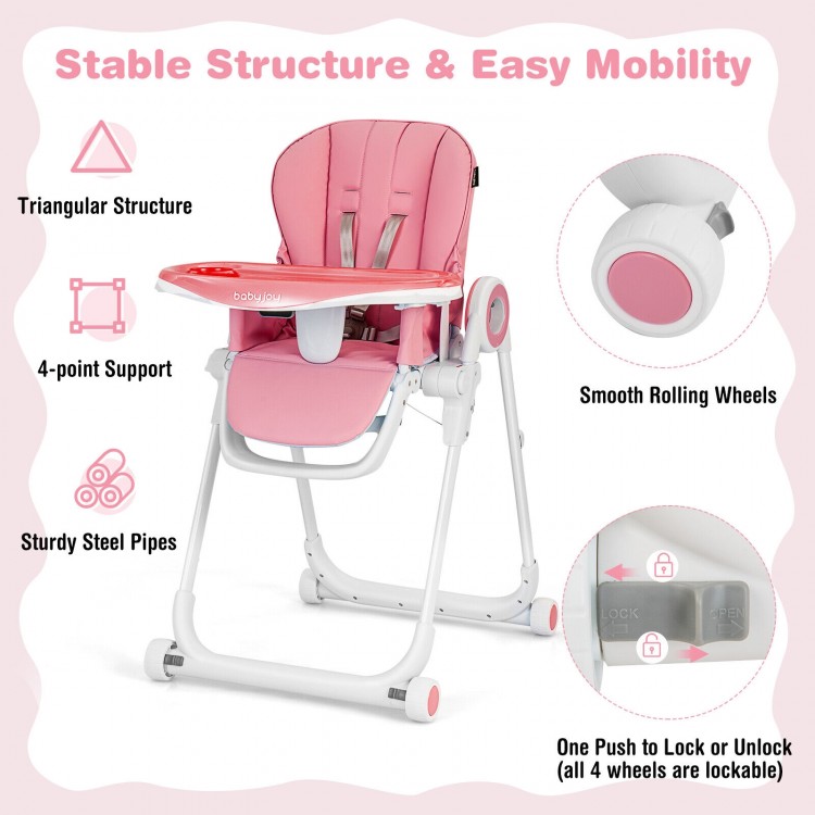 Baby High Chair Foldable Feeding Chair with 4 Lockable Wheels-PinkCostway Gallery View 5 of 10