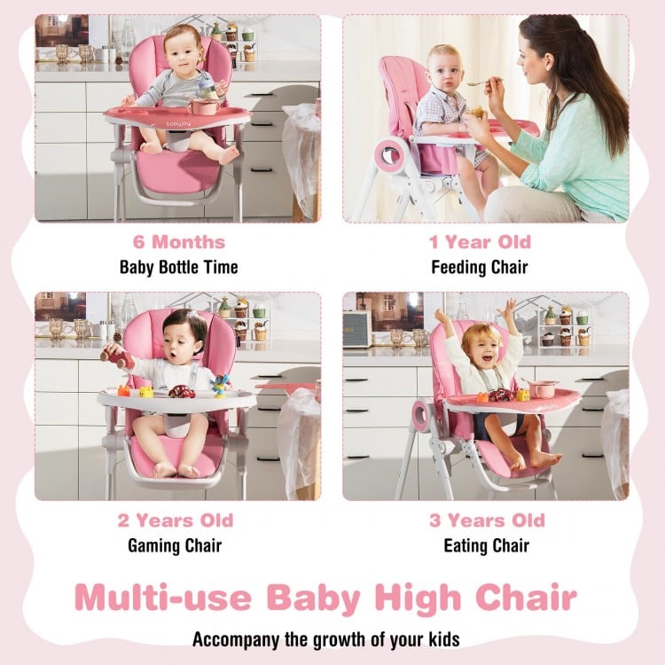 Baby High Chair Foldable Feeding Chair with 4 Lockable Wheels-PinkCostway Gallery View 6 of 10